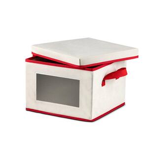 17.5 Qt. Ivory and Red Non-Woven Dinnerware Plate Storage Box with Lid and Window