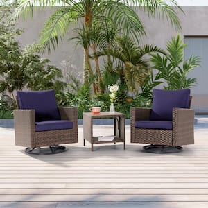 3-Piece Brown Wicker Patio Bistro Set Swivel Rocking Chairs for Outdoor Occasions of Lawn, Navy Blue