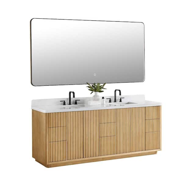 Altair Clayton 84 in. Double Freestanding Washed Light Brown Bath Vanity with Grain White Engineered Stone Top Assembled Mirror