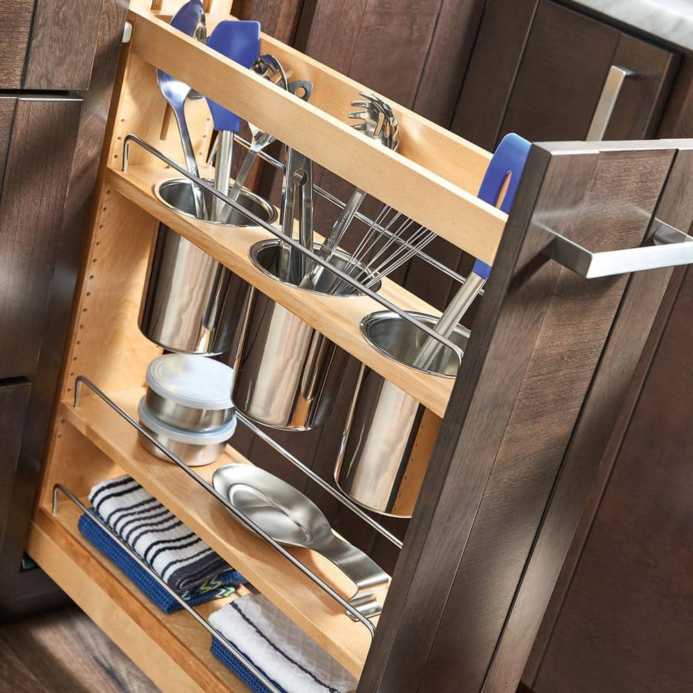 Rev-A-Shelf 5" Natural Wood Pull-Out Cabinet Organizer with Stainless Steel Bins