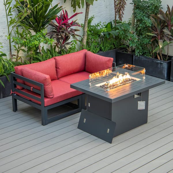 Leisuremod Chelsea Black 3-Piece Aluminum Patio Fire Pit Set with Red Cushions
