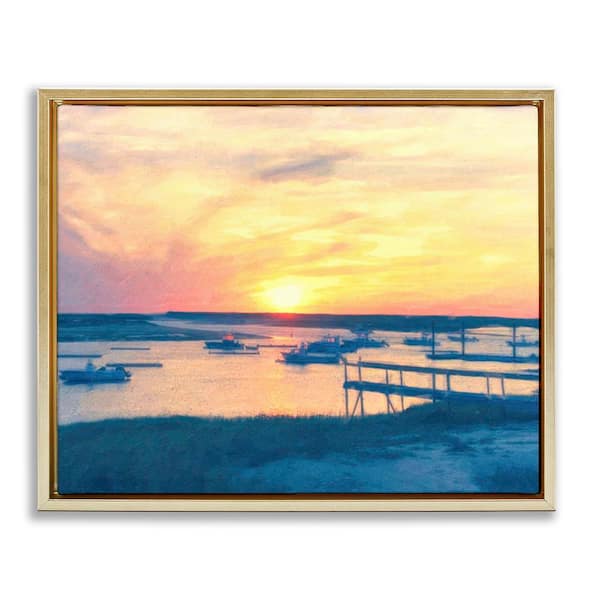 Boats Illuminated at Sunset by Graffi tee Studios Gold Floater Frame Nature Graphic Art Print 17 in. x 21 in.
