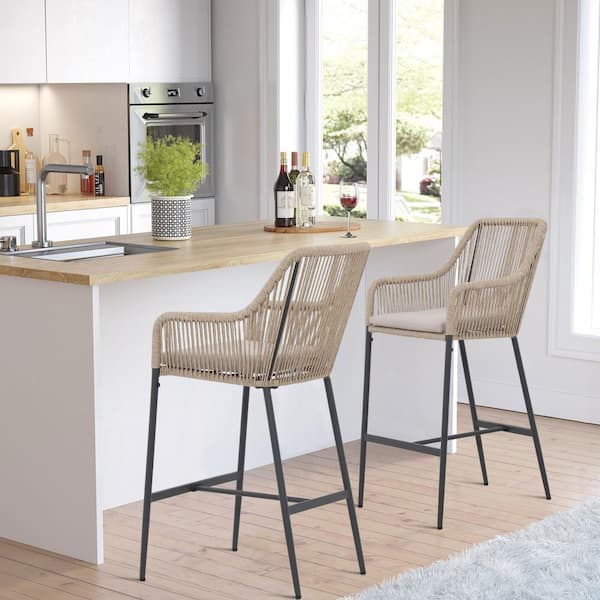 Freestyle Beige Wicker Outdoor Bar Stools Set of 2 with Light Grey Cushions
