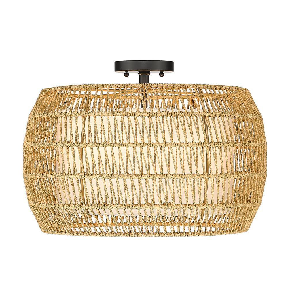 Matte Black and Natural Rattan Drum Semi-Flush Mount Light