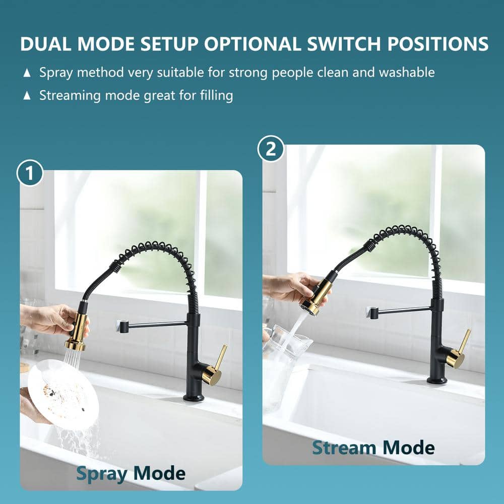 Matte Black and Polished Gold Pull Down Kitchen Faucet with Spray