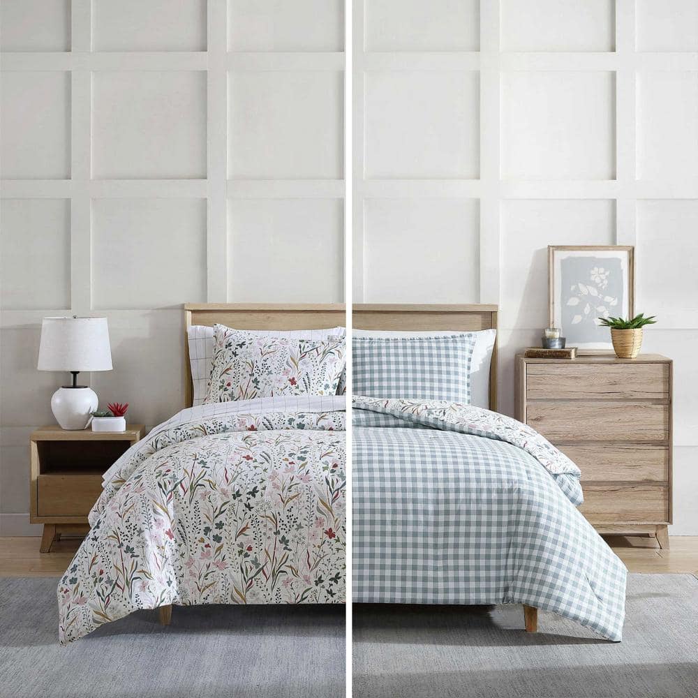 Twin White Cotton Reversible Floral Comforter Set