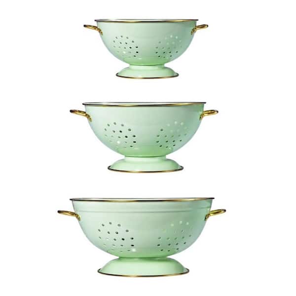 Metal Colander Set of 3 Strainer Basket with Handles for Kitchen, Solid Base Powder Coated Kitchen Strainer in Green