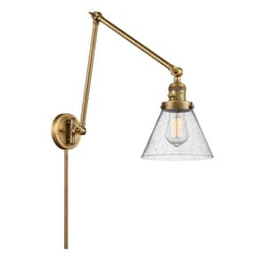 Cone 8 in. 1-Light Brushed Brass Wall Sconce with Seedy Glass Shade with On/Off Turn Switch