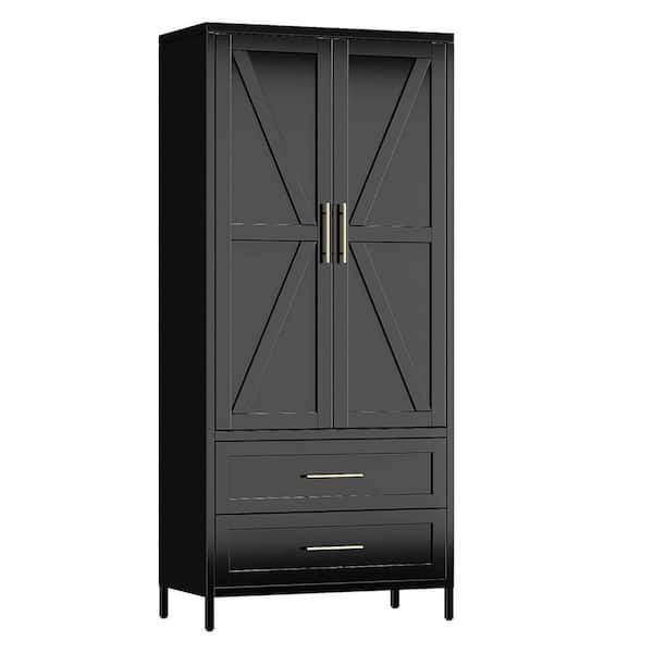 31.5 in. W x 70.9 in. H x 17.7 in. D 2-Door Black Metal Freestanding Closet Cabinet with 2-Drawers