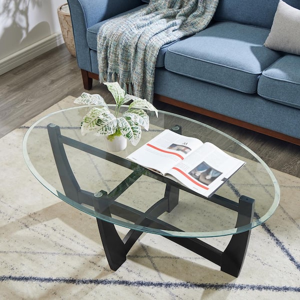 Sudzendf 48 in. Black Oval Glass Coffee Table with Glass Top KIKIO205384 The Home Depot