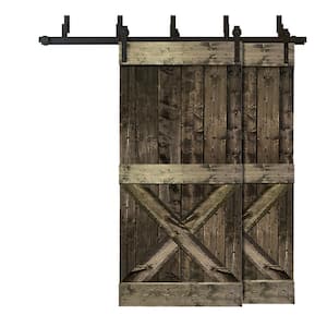 76 in. x 84 in. Mini X Bar Bypass Espresso Stained Solid Pine Wood Interior Double Sliding Barn Door with Hardware Kit