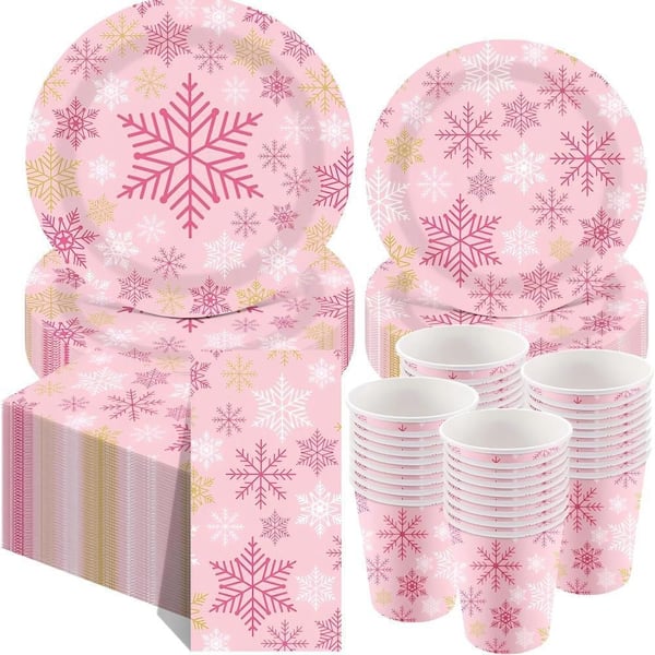 250-Piece Snowflake Festive Colorful Pink Paper Premium Christmas Party Tableware Set (Service for 50)
