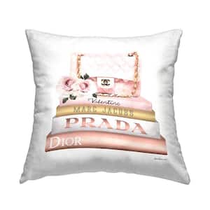 Pink Purse Gold Fashion Bookstack Glam Fashion Pink Print Polyester 18 in. X 18 in. Throw Pillow