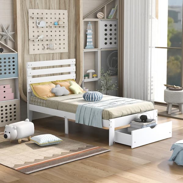 Qualler Lydia White Twin Size Platform Bed with Drawer