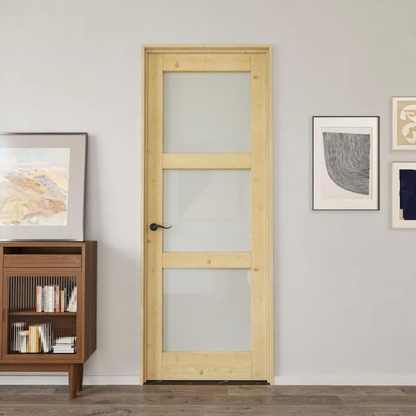 28 in. x 80 in. 3-Lite Tempered Frosted Glass Unfinished Solid Core Pine Wood Interior Door Slab