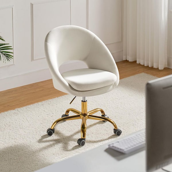 Savas Ivory Upholstered 18 in.-21 in. H Adjustable Height Task Chair with Gold Metal Base and Open Back Design