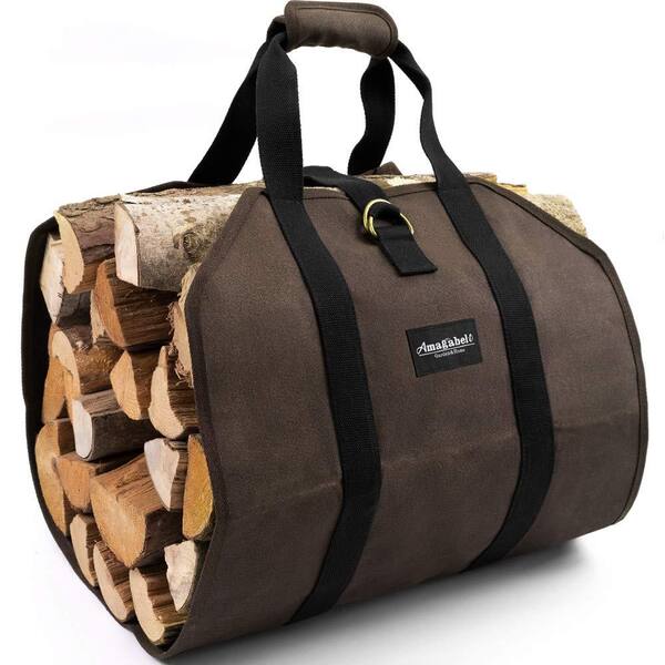 Angel Sar Dark Brown Waxed Canvas Firewood Carrier Bag - Large Log Tote for Indoor/Outdoor Use