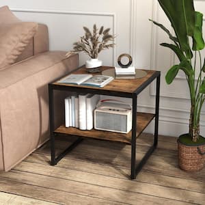 20 in. Brown Square End Table 2-tier Side Table with Open Shelf Metal Frame Industrial Tea Table Set of 2