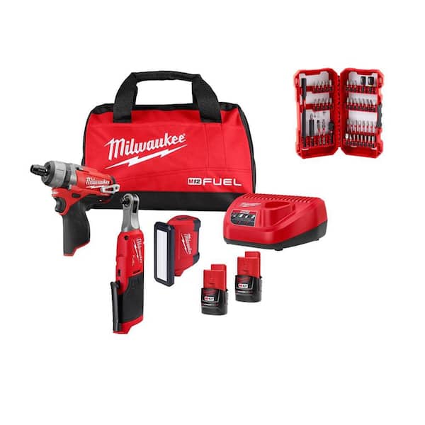 M12 12V Lithium-Ion Cordless Screwdriver, 3/8 in. Ratchet, Light (3-PC Combo Kit) W/ 2 Batteries, Charger, & Bit Set