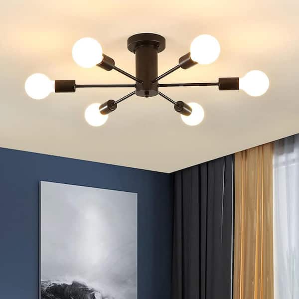 LWYTJO Theis 22 in. 6-light Black Semi-Flush Mount Sputnik Chandelier Linear Ceiling Mount Light for Bedroom Room Dining Room