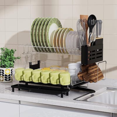 JASIWAY 19.2 in. Silver Stainless Steel 2-Tier Dish Rack Freestanding Drying  Rack Dish Drainers with Drainboard J-988B - The Home Depot
