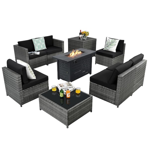 HONEY JOY 9-Pieces Rattan Dinning Set Wicker Patio Conversation Set w/60000 BTU Propane Fire Pit and Black Cushions