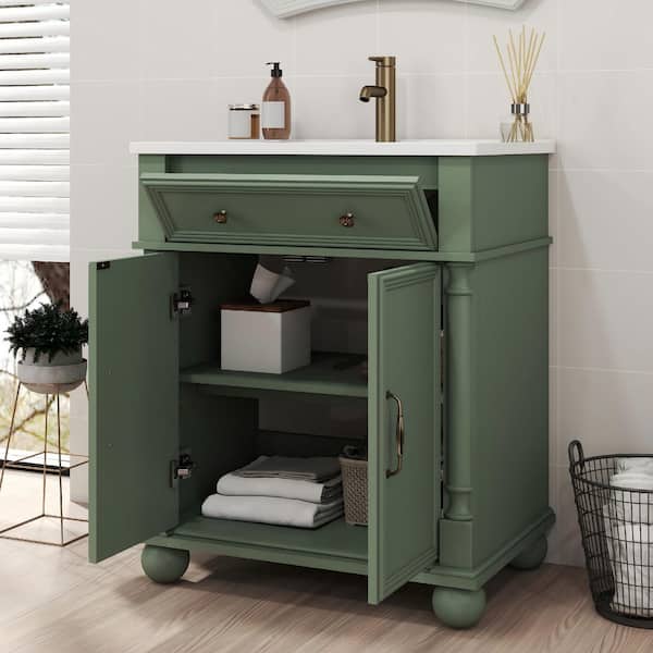 28 in. Single Sink Freestanding Green Bath Vanity with White Ceramic Top, Adjustable Shelf, Flip-top Drawer