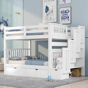 White Full Over Full Bunk Beds with 6 Drawers, Stairway Bunk Bed Frame with Shelves, Detachable Wood Bed for Kids, Teens