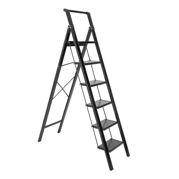 maocao hoom 6.5 ft. Reach,6-Step Aluminum Alloy Foldable Ladder 330 lbs. Load Capacity with Handrails for Home, Office, Black