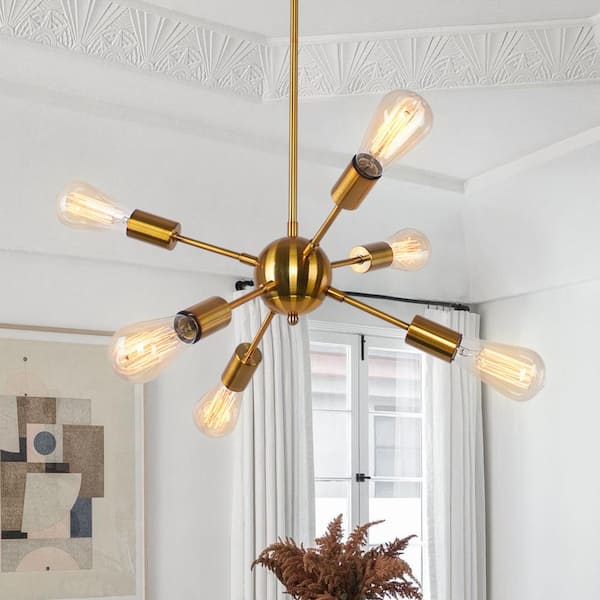 RRTYO Gamino 6-Light Gold Sputnik Sphere Linear Pendant Modern Farmhouse Lighting Chandelier
