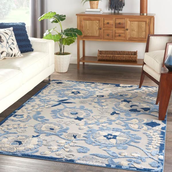 Aloha Blue/Gray 4 ft. x 6 ft. Floral Modern Indoor/Outdoor Patio Area Rug