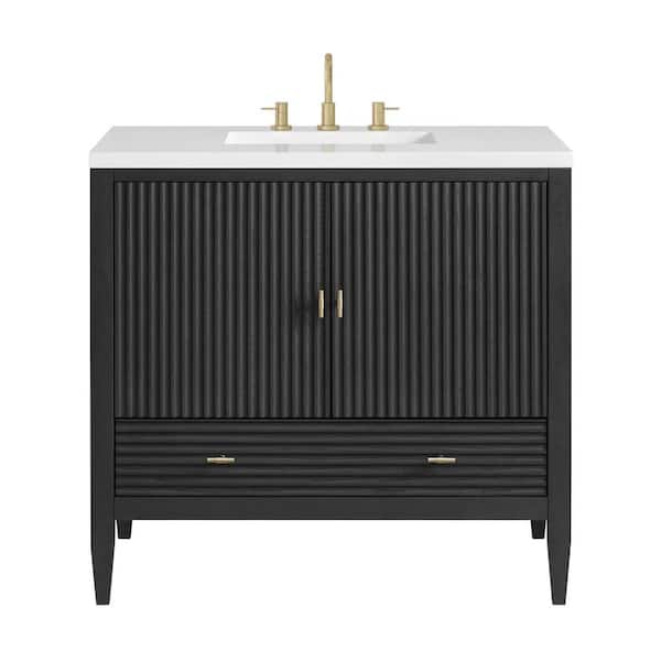James Martin Vanities Myrrin 36.0 in. W x 23.5 in. D x 34.06 in. H Single Bathroom Vanity Carbon Oak and White Zeus Quartz Top