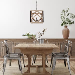 Farmhouse 4-Light Rust Brown Candlestick Chandelier with Distressed Wood Square Cage for Kitchen Island