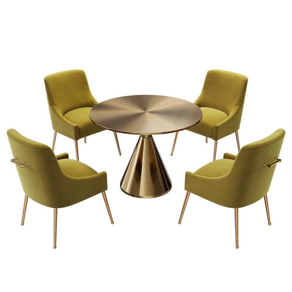 Clihome 5Piece Round Gold Stainless Steel Dining Set with Green Velvet