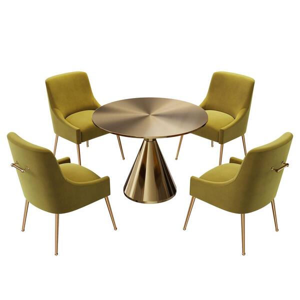 Clihome 5Piece Round Gold Stainless Steel Dining Set with Green Velvet