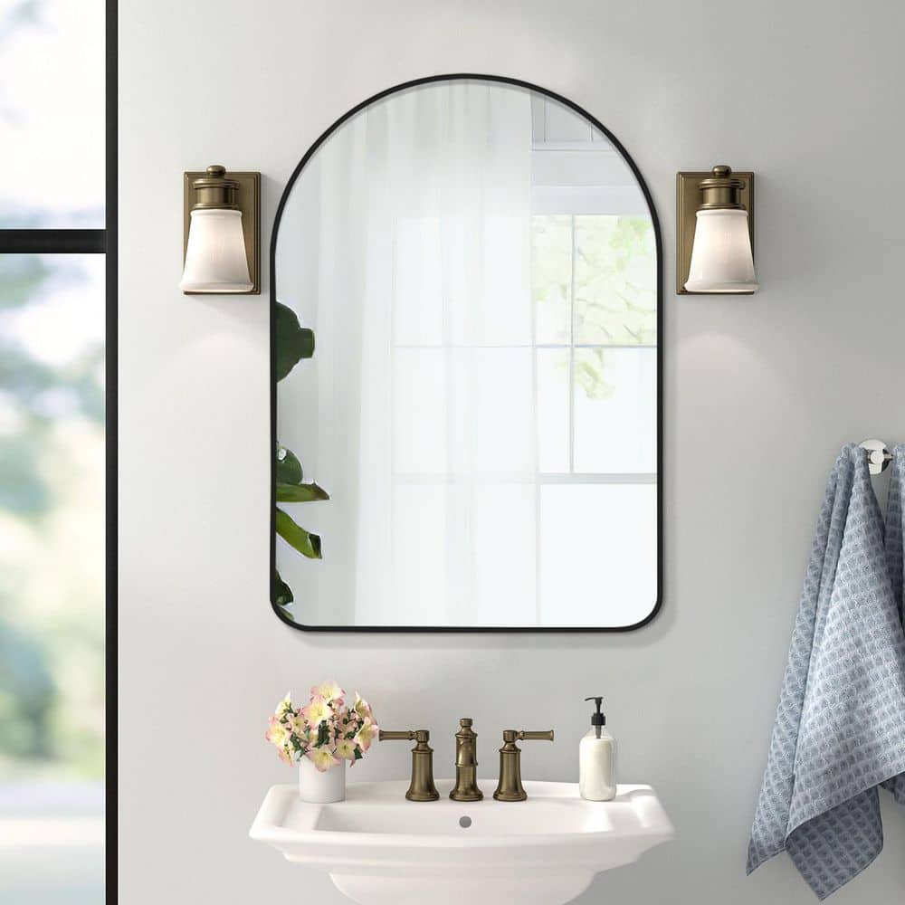 1-Piece Black 24 in. W x 35 in. H Aluminum Alloy Thin Edged Round Corner Arched Framed Wall Mirror price history on PriceWatchPro