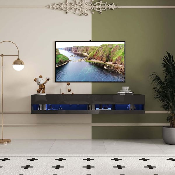 70.87 in. W x 15.75 in. D Black Floating TV Stand Floating Shelf Decorative Wall Shelf with 20-Color LEDs