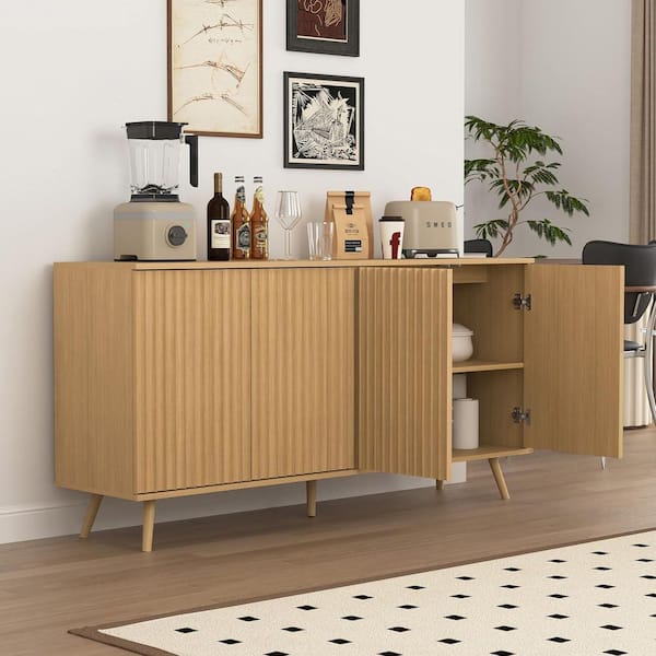 Omeo Natural Wood Buffet 59.1 in. W Sideboard Cabinet with 4 Doors and 5 Legs