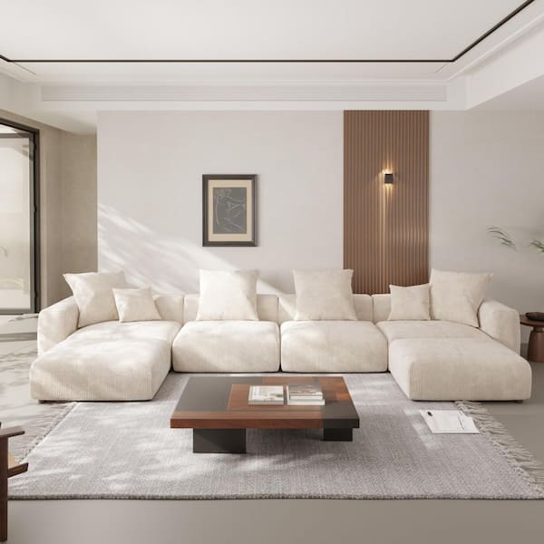 J&E Home 6-Piece Beige 181 in. Corduroy Velvet U-Shaped Sectional Sofa with Ottoman and Removable Covers Living Room Set