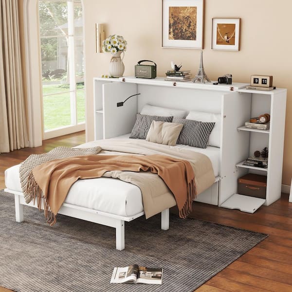 Nestfair White Wood Frame Full Size Murphy Bed with Shelves, Drawers and USB Ports