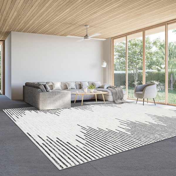 Washable Beige 10 ft. x 13 ft. Modern Striped Printed Rug Low Pile Soft Thin Carpet Stain Resistant Non-Slip, Area Rug
