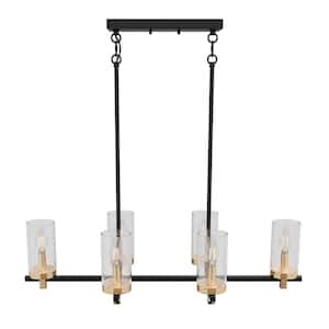 31.88 in. 6-Light Farmhouse Rustic Black Chandelier Kitchen Island Hanging Light with Seeded Glass Cylinder Shade