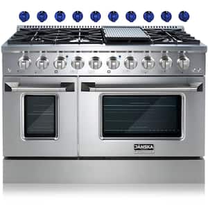 Professional 48 in. 6.7 cu. ft. 8-Burners Double Oven Gas Range with Griddle in Stainless Steel with 2-Sets of Knobs