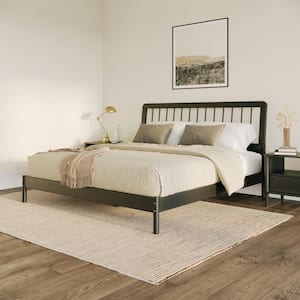 Mid-Century Modern Black Solid Wood Frame King Platform Bed