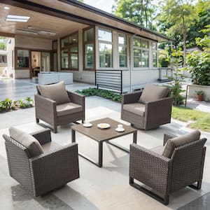 Flat Armrest Series 5-Pieces Brown Wicker Outdoor Conversation Set with Coffee Table and Cushion Guard Gray Cushions