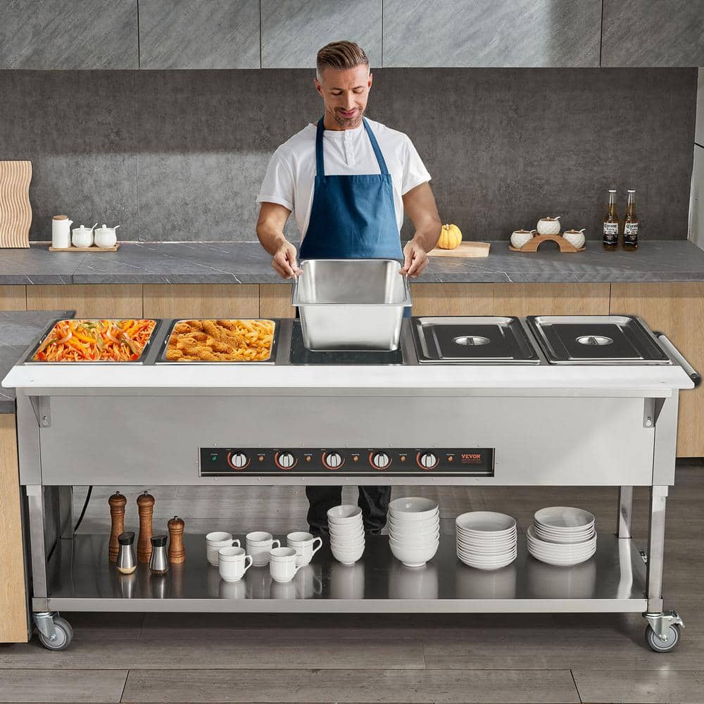 Stainless Steel 5-Pan Commercial Electric Food Warmer with Wheels