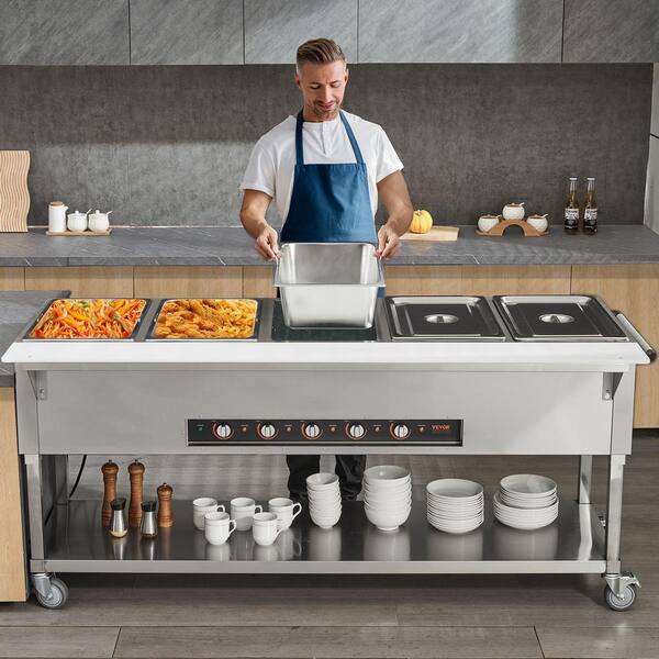 5-Pan Commercial Food Warmer 103 Qt. Silver Stainless Steel 3750-Watt Buffet Specialty Flatware 4-Wheels 2-Lockable