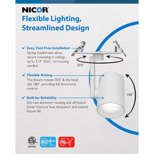 NICOR RMP White Integrated LED Monopoint Fixed Track Cylinder Head