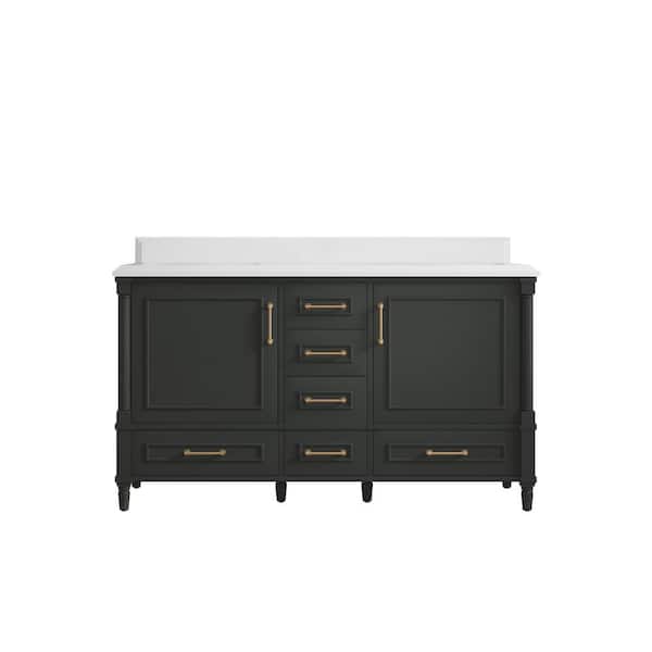 Willow Collections Hudson 60 in. Double Sink Freestanding Black Top Bath Vanity with White Qt. Top Unassembled