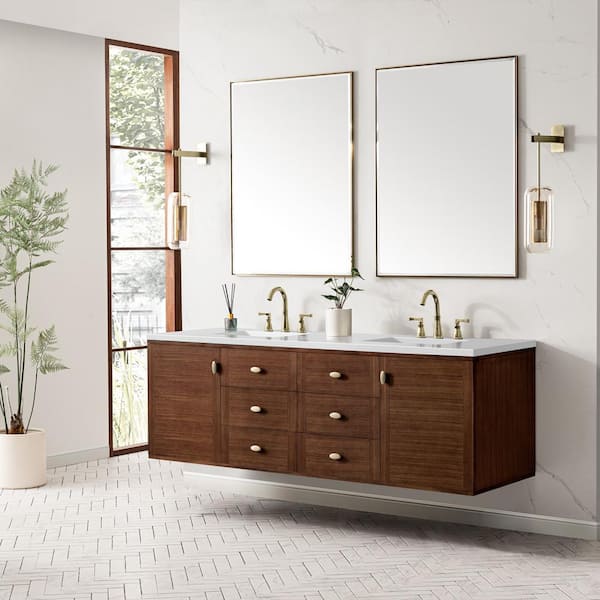 James Martin Vanities Amberly 72.0 in. W x 23.5 in. D x 34.7 in. H Bathroom Vanity in Mid-Century Walnut with White Zeus Quartz Top